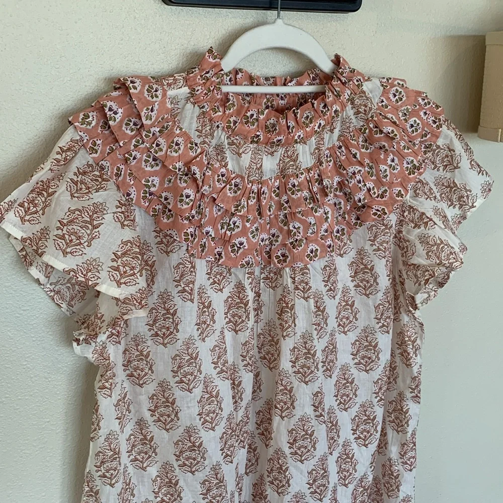 Ruffled High-Neck Floral Blouse - Pink/White - Picture 4 of 10